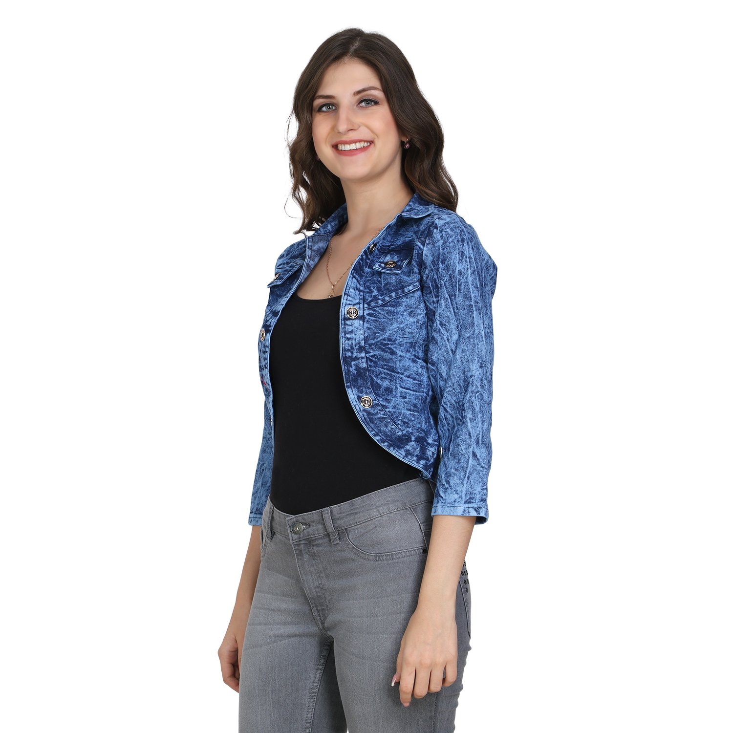 buynewtrend blue 3/4th sleeve denim shrug/jacket for women