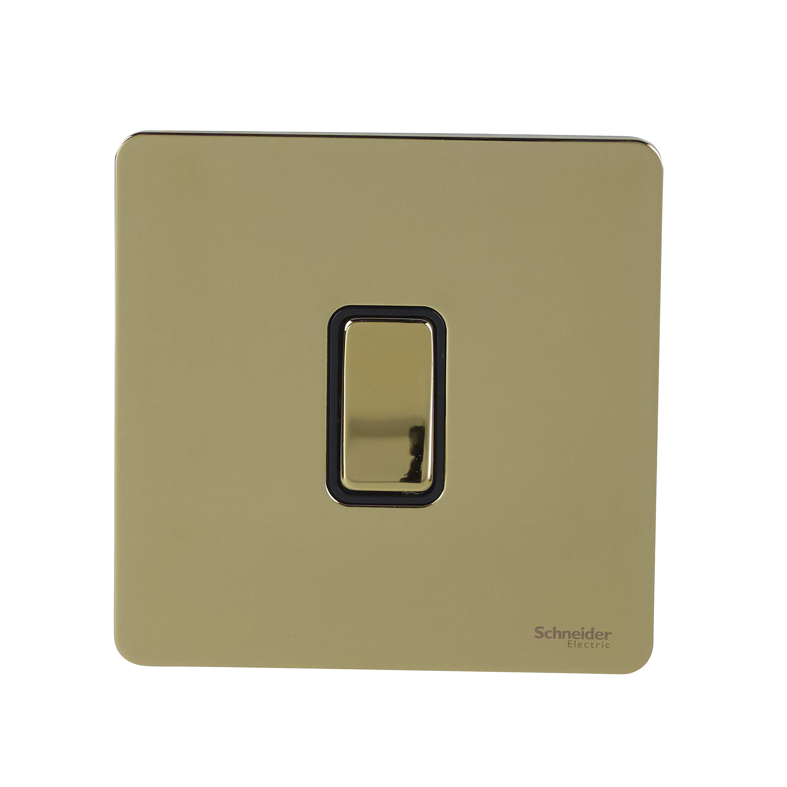 Schneider Electric Ultimate Screwless Flat Plate - Single Retractive 2 Way Light Switch, 16AX, GU1412RBPB, Polished Brass with Black Insert