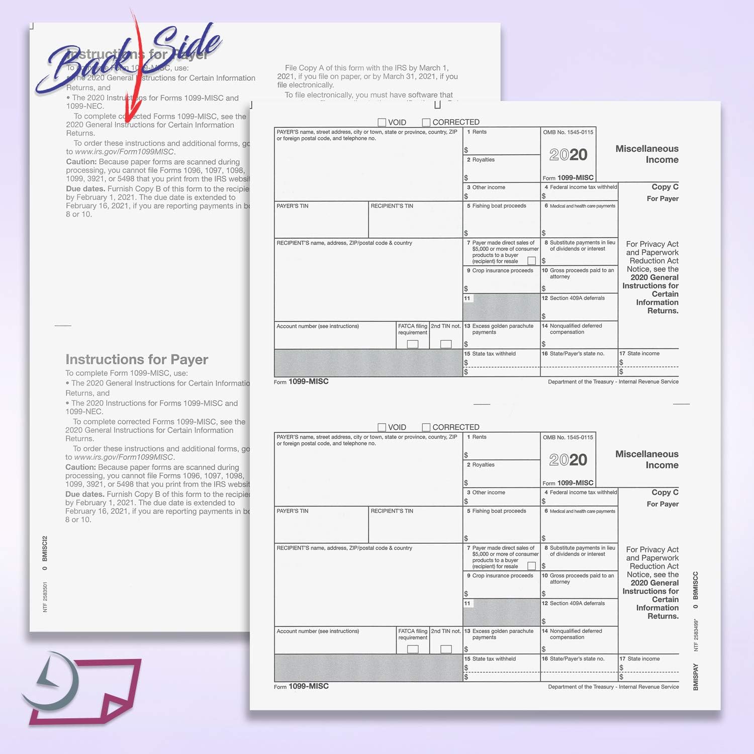 1099 MISC Forms for 2020, 4-Part Tax Forms, Vendor Kit of 25 Laser Forms and 25 Self-Seal Envelopes, Forms Designed for QuickBooks and Other Accounting Software : Office Products