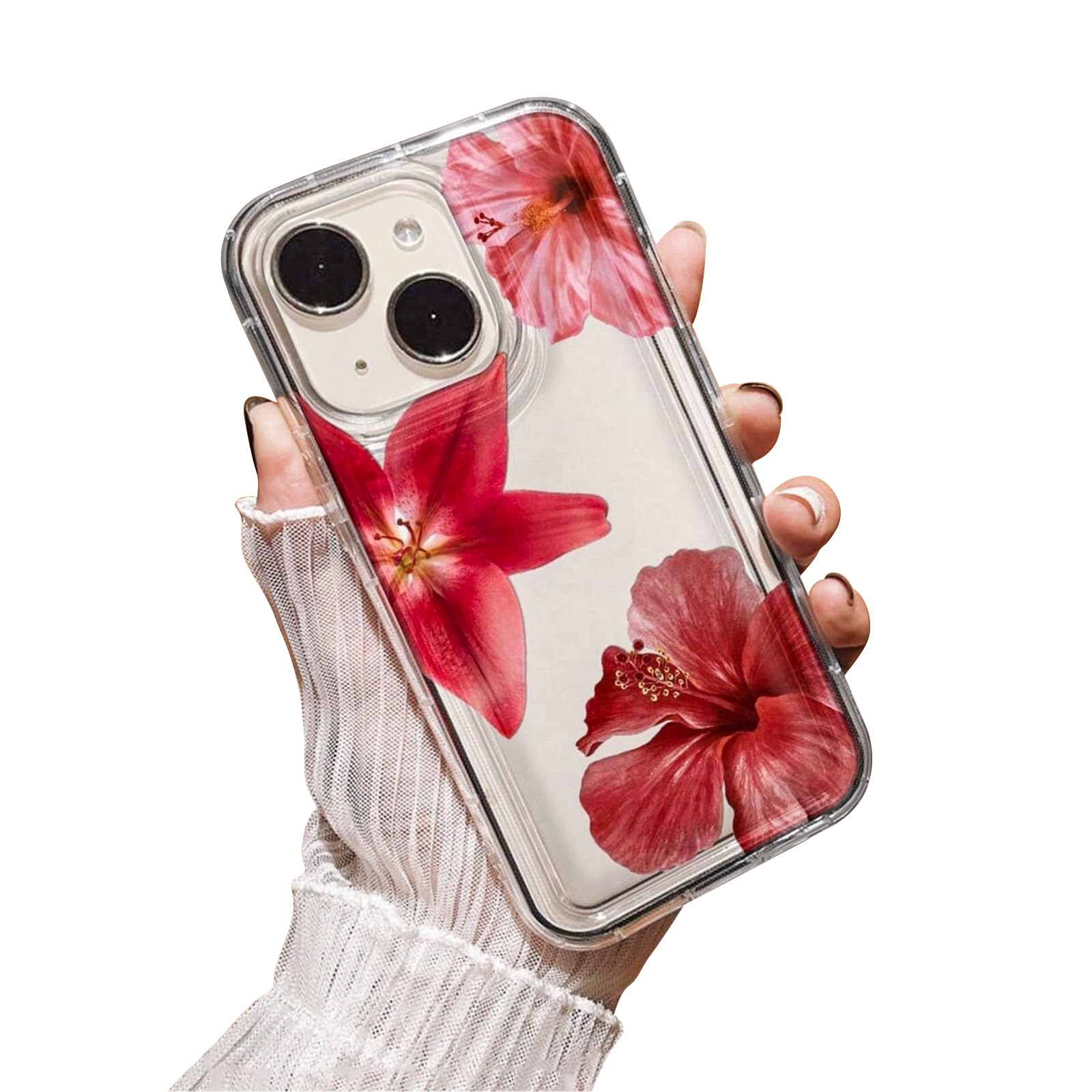 Photo 1 of Fycyko Compatible for iPhone 14& iPhone 13 Case Cute Red Hibiscus Flower Print Clear Aesthetic Design for Women Teen Girls Soft TPU Summer Floral Phone Cases Shockproof Protective Cover-Red