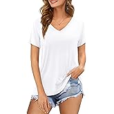 Amoretu Womens Tshirts V Neck Short Sleeve Tops Tee Solid Color Blouse
