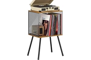 X-cosrack Record Player Stand with Storage up to 100 Albums, Retro Small Vinyl Record Holder - Adjustable Divider, Book/LP Record Storage and Organizer Vinyl Table for Living Room (Patent Pending)