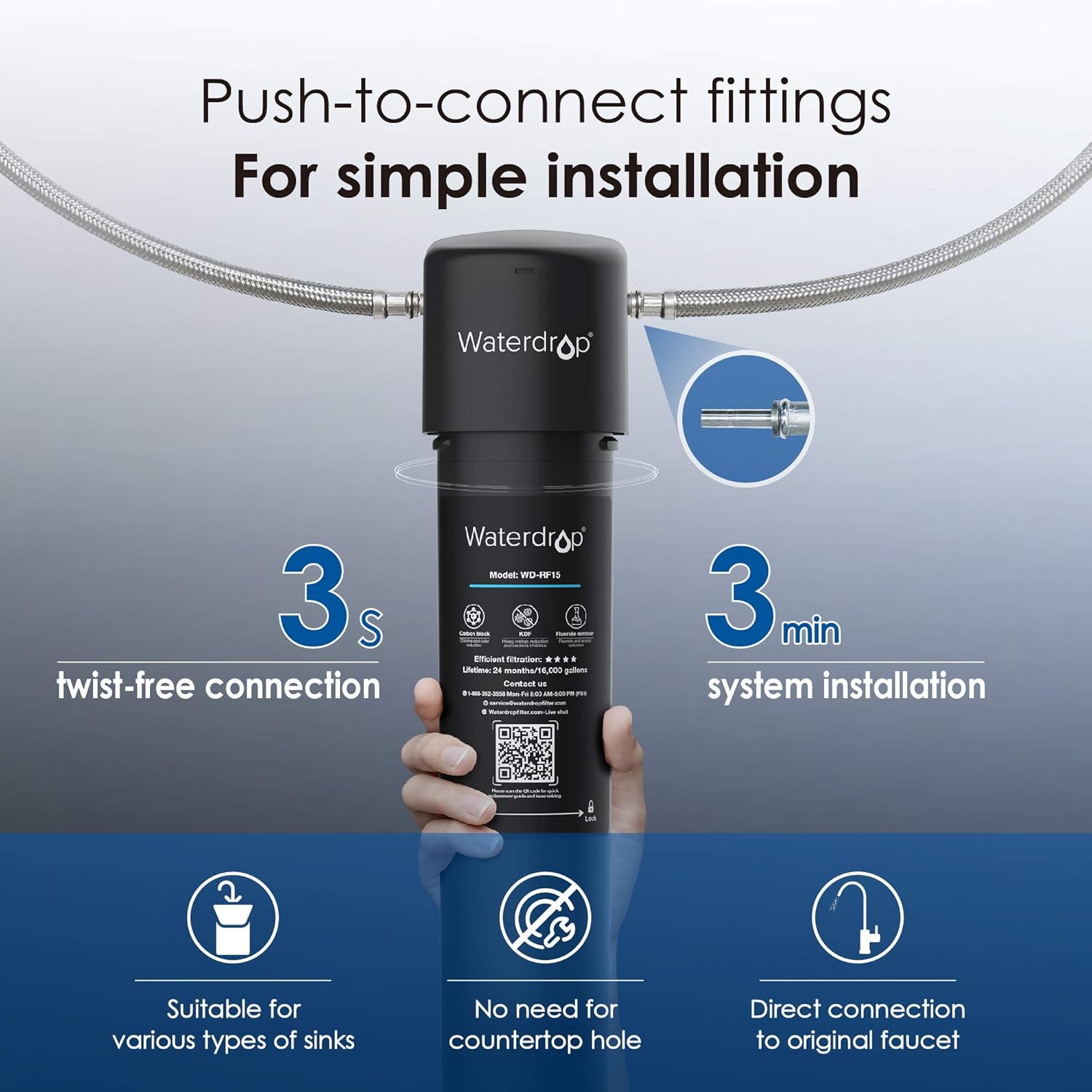 Waterdrop 15UA Under Sink Water Filter System, 16K Gallons Ultra High Capacity Main Faucet Under Counter Water Filtration System, Removes 99% Lead, Fluoride, Chlorine, Bad Taste, USA Tech, 0.5 micron - - .com