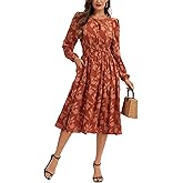 Kormei Women Casual Boho Floral Long Sleeve Midi Dress Round Neck Smocked Waist Tiered Flowy Fall Swing Short Dresses