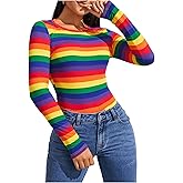 Floerns Women's Rainbow Striped Long Sleeve Round Neck Slim Fit Casual Tee Shirt Top