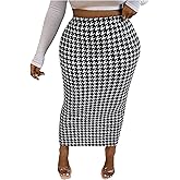 Floerns Women's Plus Size Houndstooth High Waisted Split Maxi Skirt Dressy Bodycon Skirt