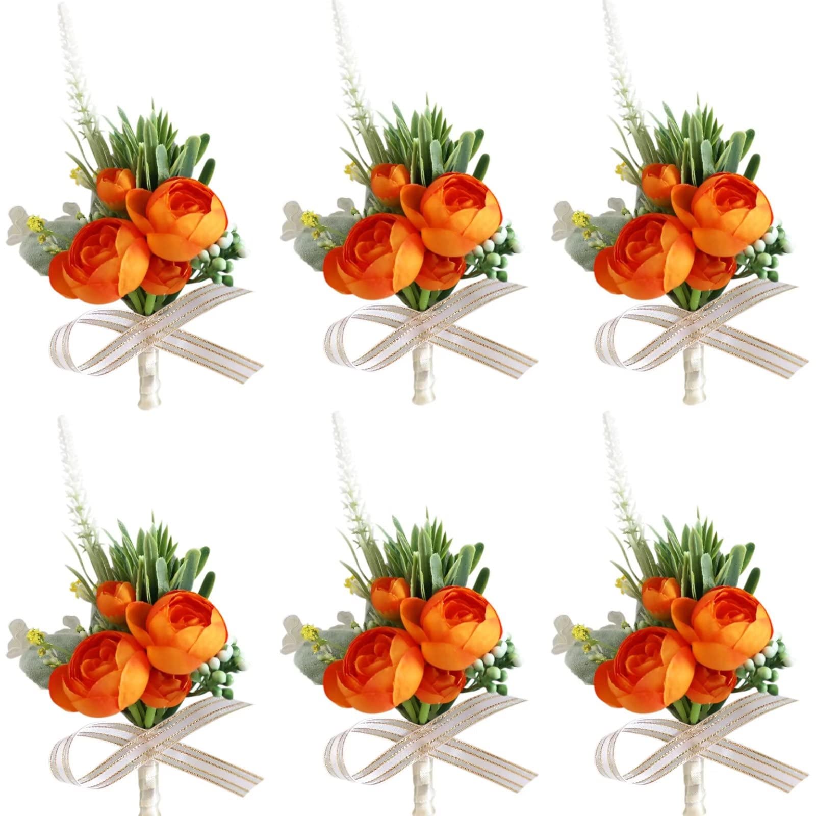runrayay 6Pcs Burgundy Boutonniere for Men, Orange Rose Wedding Boutonniere with Pin for Groom Groomsmen Buttonholes Man Suit Corsage for Vintage Wedding Ceremony Dinner Party