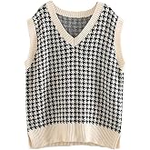 KARRESLY Women V Neck Houndstooth Soft Sweater Vest Casual Sleeveless Knitwear Tank Top Preppy Style Pullover