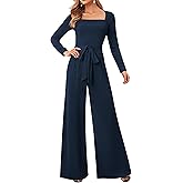 LOOKBOHO Jumpsuits For Women Dressy Long Sleeve Square Neck Casual Belted Wide Leg Long Pants Romper One Piece Outfits