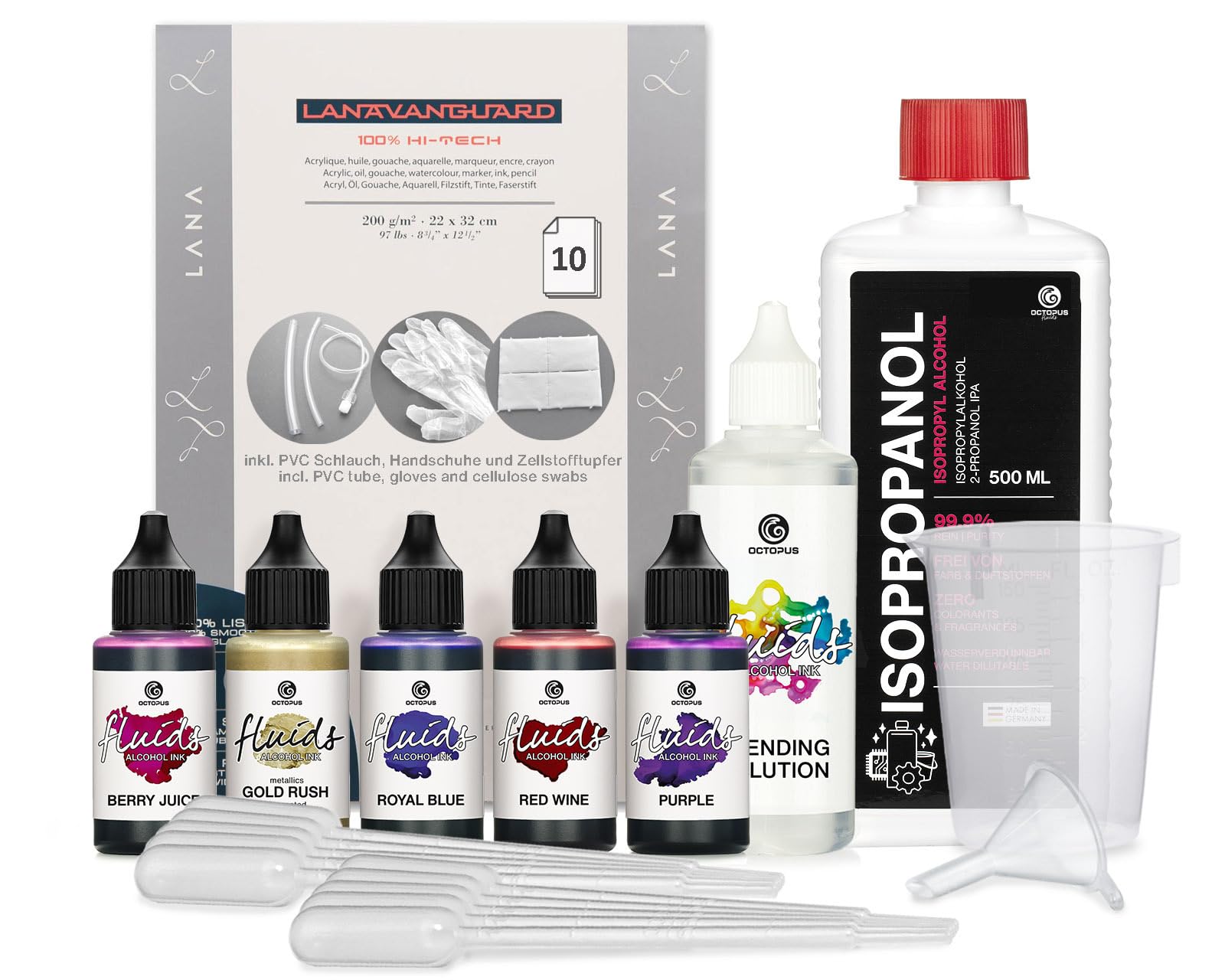 5 x 30ml Octopus Fluids Alcohol Ink Kit Golden EVE with Blending Solution, Alcohol Ink Paper and Accessories for Fluid Art