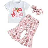 Lucikamy Toddler Baby Girl Easter Outfits Short Sleeve T Shirt Top Bunny Print Bell-Bottom Flared Pants Summer Clothes Set