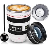 PhantAccy Camera Lens Coffee Mug - Leakproof 13.5oz SUS-304 Stainless Steel Travel Mug with Spoon, BPA-Free, Lid for Tea/Water/Coffee and More (White)