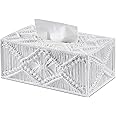 White Woven Macrame Boho Tissue Box Cover Rectangular for Home Decor,Resin Heavy Woven Tissue Box Holder for Bathroom Kitchen Countertop,Bedroom, Vanity, Night Stand, Office, Waterproof Durable