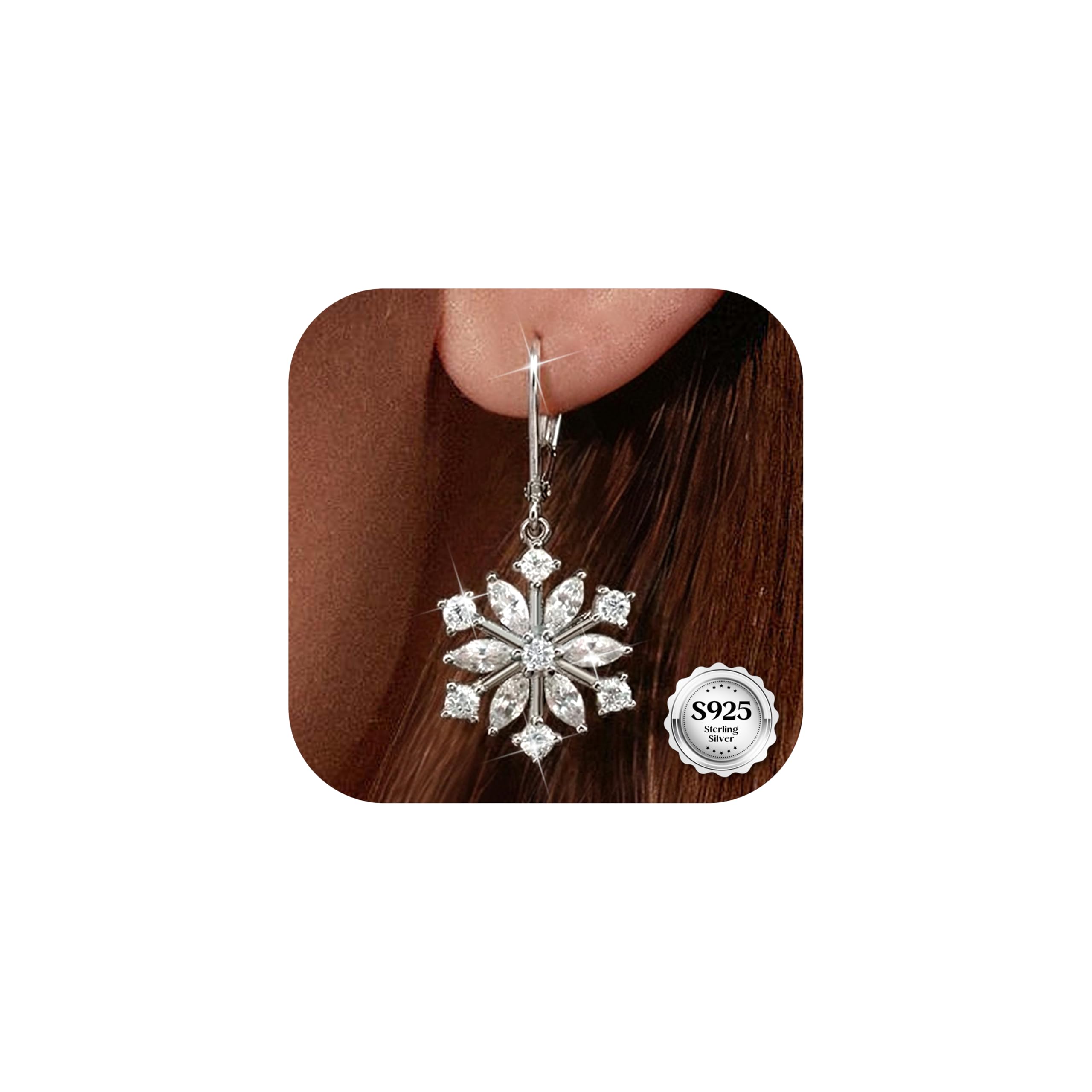 Milacolato 925 Sterling Silver Snowflake Drop Earrings for Women 18K White Gold Plated Leverback Dangle Christmas Snowflake Earrings High Polished Silver Dangle Drop Earrings