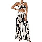 OYOANGLE Women's 2 Piece Vacation Outfits Graphic Print Knitted Crop Halter Top and Wide Leg Pants Set