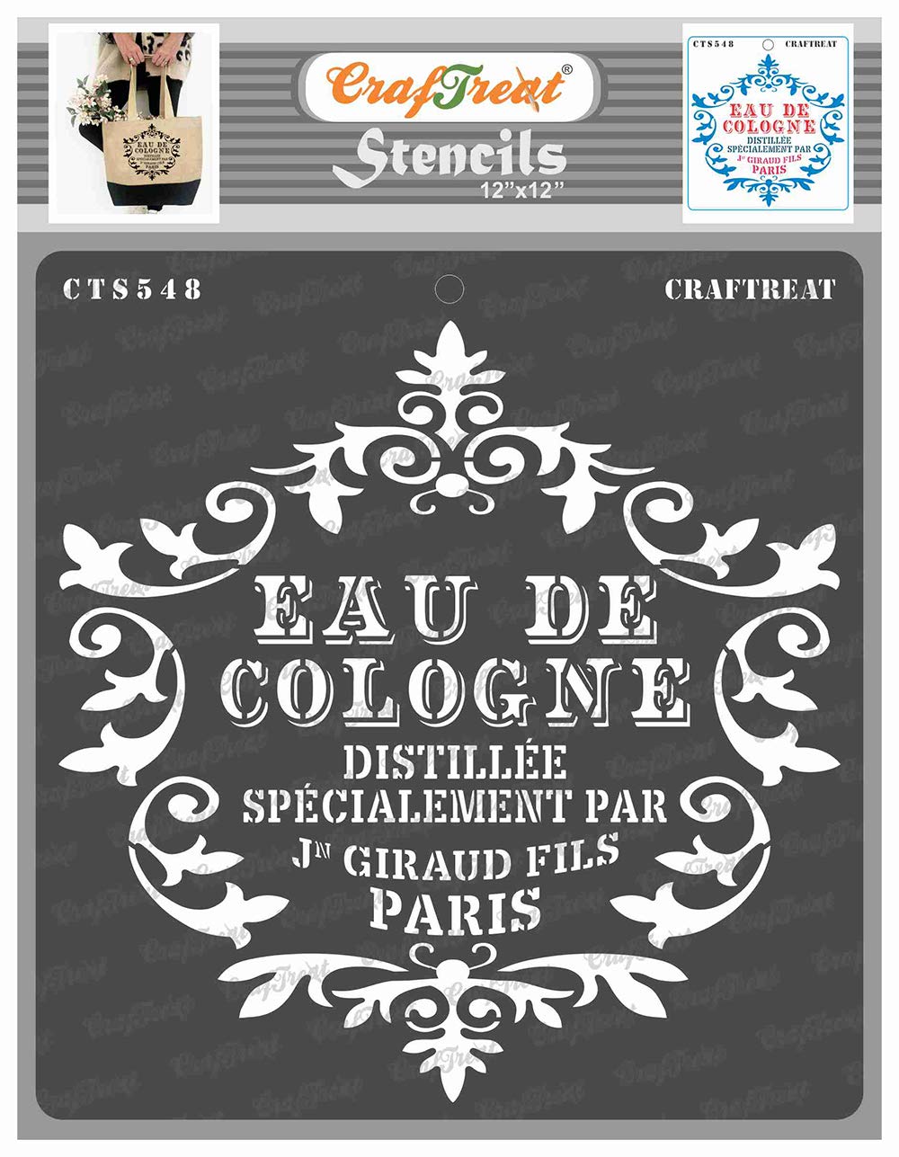 CrafTreat Reusable French Stencils for Painting on Wood, Canvas, Paper, Fabric, Floor, Wall and Tile - Eau De Cologne - 12x12 Inch - DIY Art and Craft Stencils for Home Decor - French Script Stencil