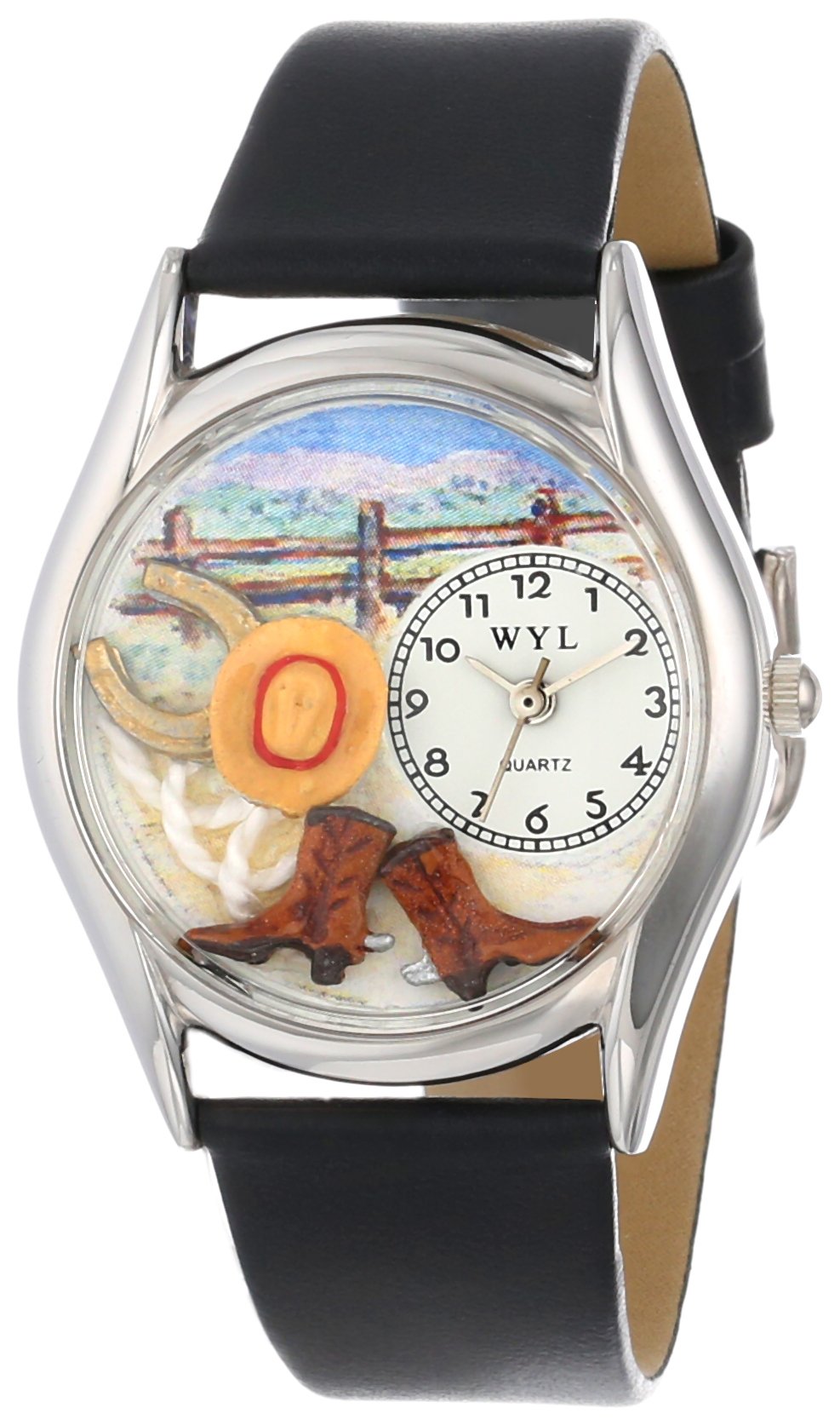 Whimsical Watches Ranch Black Leather and Silvertone Unisex Quartz Watch with White Dial Analogue Display and Multicolour Leather Strap S-0110005