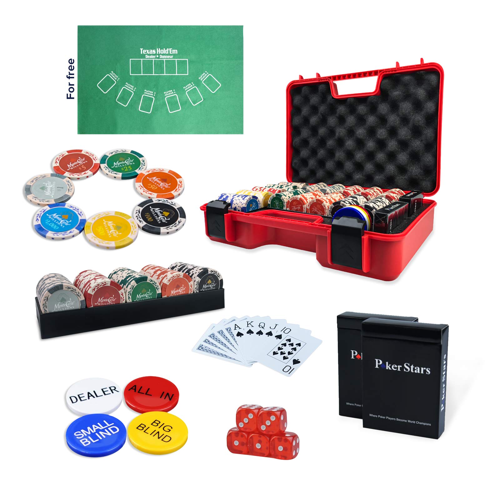 Professional Poker Chips Set 300 pc with 40mm Casino Chip, 2 Decks of 100% Plastic Playing Cards, Tr