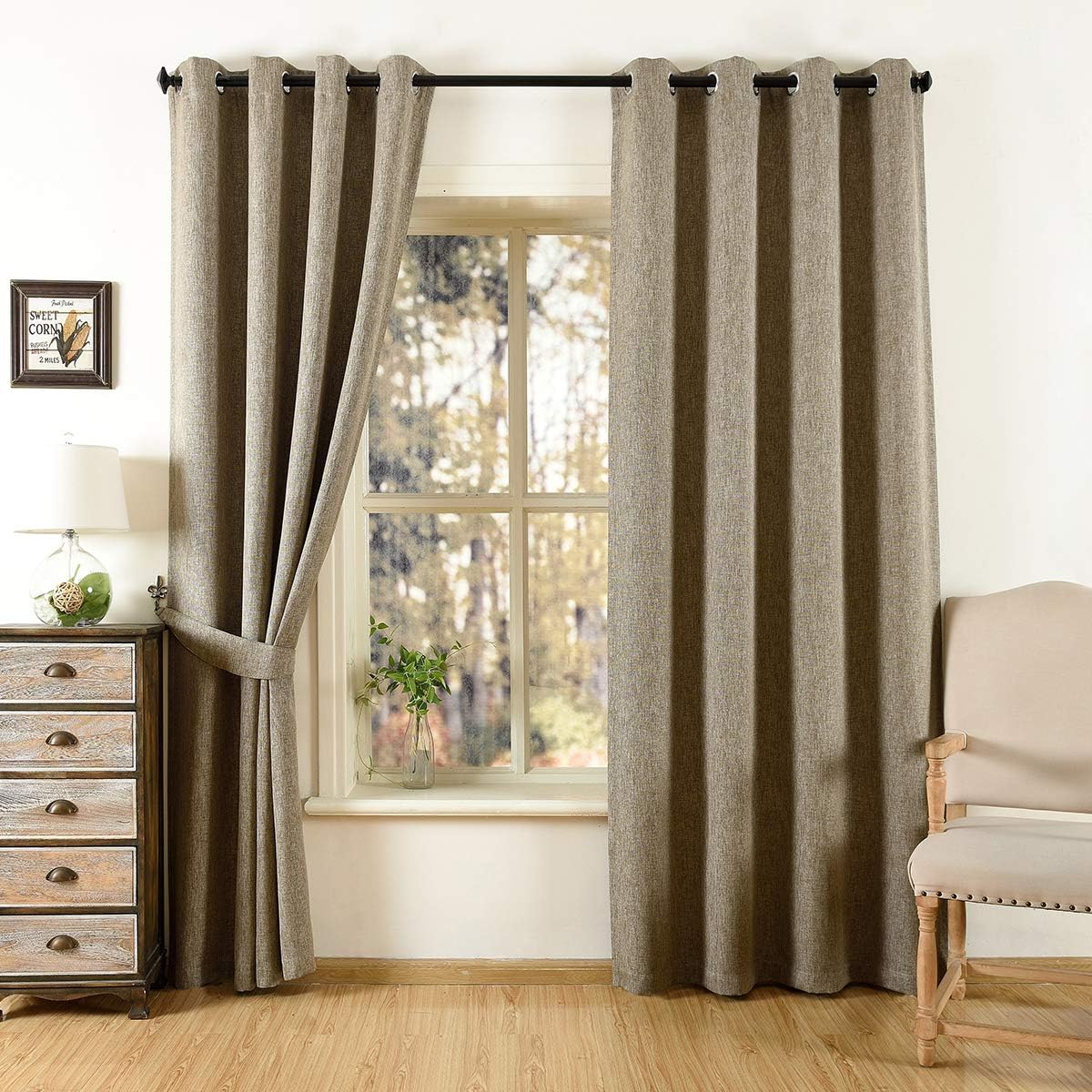 QINUO HOME 46" x 72" Faux Linen Blackout Curtains for Kids Room, Thermal Insulated Room Darkening Eyelets Curtains, Khkai - Image 3