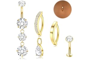 Gold Belly Button Ring - 14G Surgical Stainless Steel Belly Rings Hypoallergenic Clicker Navel Piercings for Women CZ Dangle 