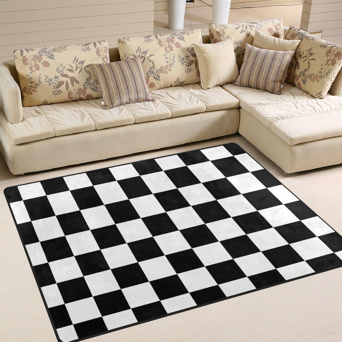 DEYYA Custom Checkered Non-Slip Area Rugs Pad Cover 80 x 58 Inch, Black White Checkered Pattern Throw Rugs Carpet Modern Carpet for Home Dining Room Playroom Living Room Decoration