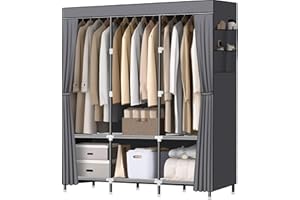 LOKEME Wardrobe Closet,Portable Closet for Bedroom Steel Pipe Diameter 19mm Strong and Sturdy Grey Portable Closets for Hanging Clothes with 3 Hanging rods, 6 Storage Shelves and Side Pockets