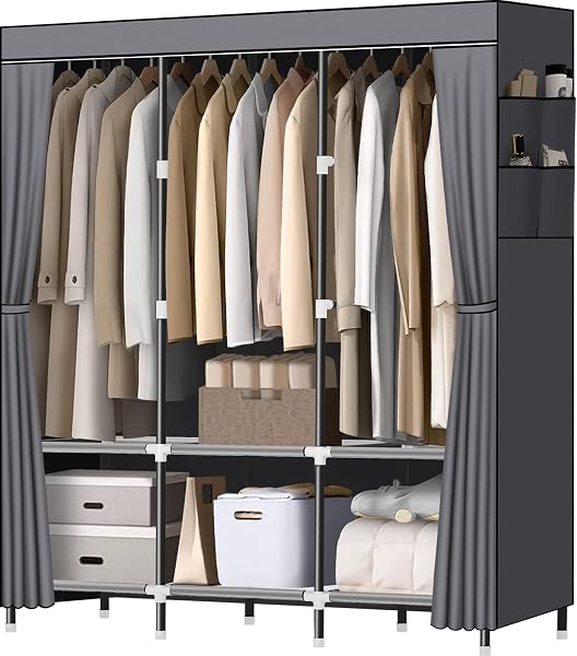 LOKEME WARDROBE CLOSET,PORTABLE CLOSET FOR BEDROOM STEEL PIPE DIAMETER 19MM STRONG AND STURDY GREY PORTABLE CLOSETS FOR HANGING CLOTHES WITH 3 HANGING RODS, 6 STORAGE SHELVES AND SIDE POCKETS