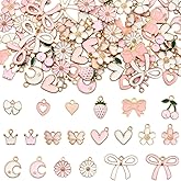 SUNNYCLUE 1 Box 80Pcs 20 Styles Assorted Pink Charms Metal Enamel Charms Bulk Alloy Coquette Bowknot Flower Heart Butterfly Crown Moon Star Pendants for Jewelry Making Bracelets Earrings DIY Crafts
