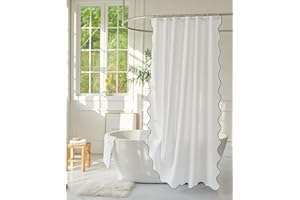 youngseahome White Fabric with Water Blue Scalloped Border Shower Curtain,Boho Chic Cloth Shower Curtain for Bathroom Showers,72 x 84 Inches