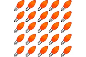 SUNSGNE C7 Christmas Orange Incandescent Night Light Bulbs, 25 Pack C7 Ceramic Replacement Bulbs for Outdoor String Lights, E12 Candelabra Base, 5 Watt, Ceramic Orange