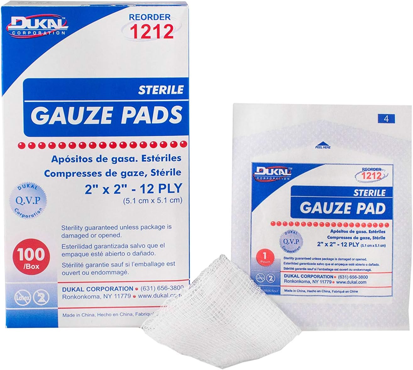 Woven Gauze Pads 2" x 2". Pack of 100 12-ply Disposable Cotton sponges for Wound Dressing, Cleaning, prepping, or Packing. Sterile, 100% Cotton.