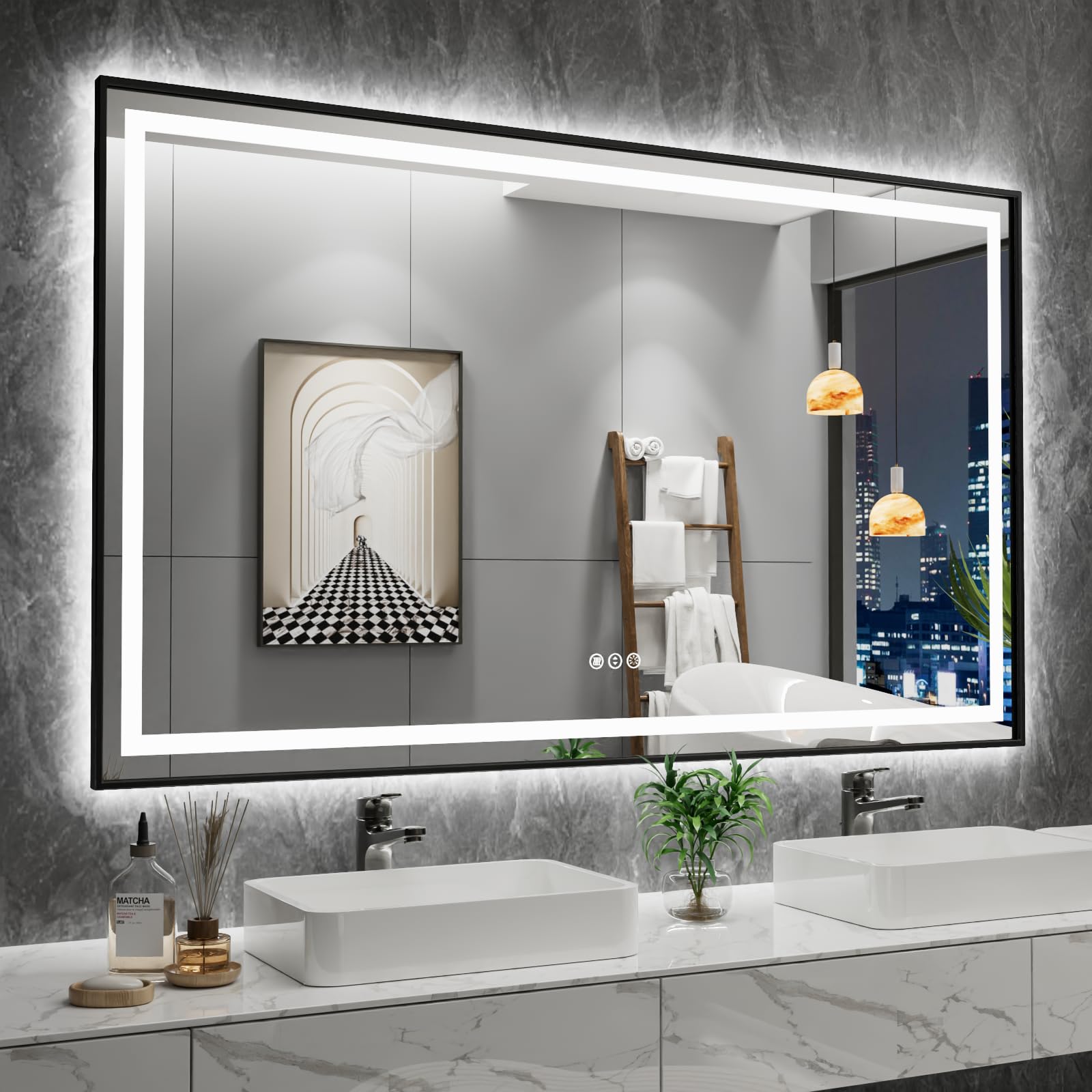 Photo 1 of Amorho 60" X36" LED Bathroom Mirror Framed, Front Light and Backlit, Stepless Dimmable, Anti-Fog, Shatter-Proof, Memory, 3 Colors, Double LED Vanity Mirror