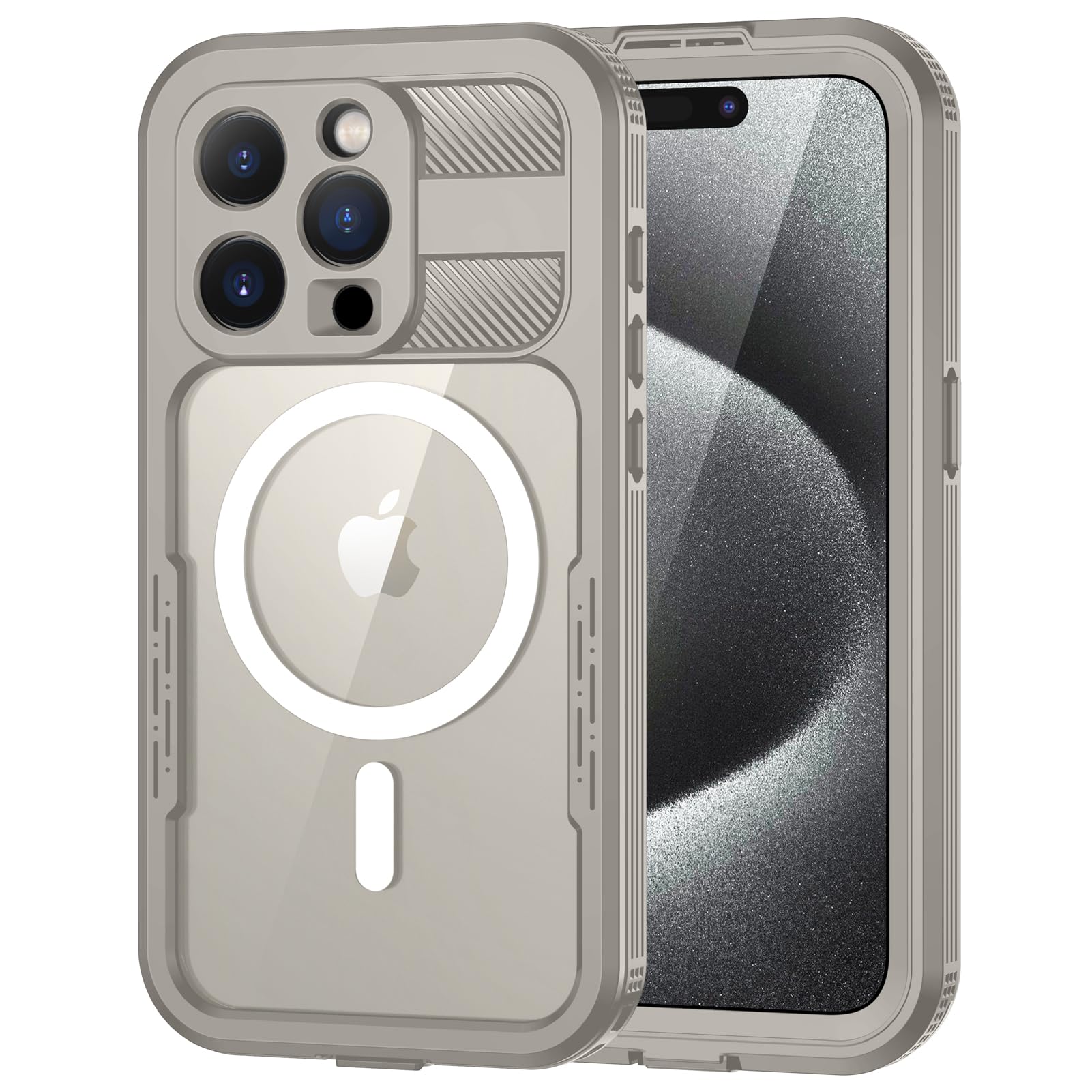 Lanhiem for iPhone 15 Pro Max Waterproof Case, [Compatible with MagSafe] Heavy Duty Shockproof Dustproof Cover with Screen Protector, Front and Back Magnetic Case for 15 Pro Max - 6.7 inch (Nature)
