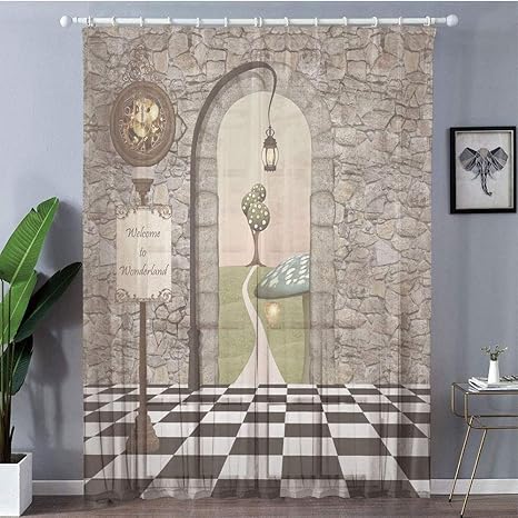 Amazon Oayeos カーテンレース 紗のカーテン 姫 不思議の国のアリス ようこそ不思議の国の黒と白の床ツリー風景キノコランタン装飾 マルチ は シンプル 軽い薄い 遮光性カーテン 軽い 紗のカーテン 仕切り 150 218cm 2枚入り カーテン オンライン通販