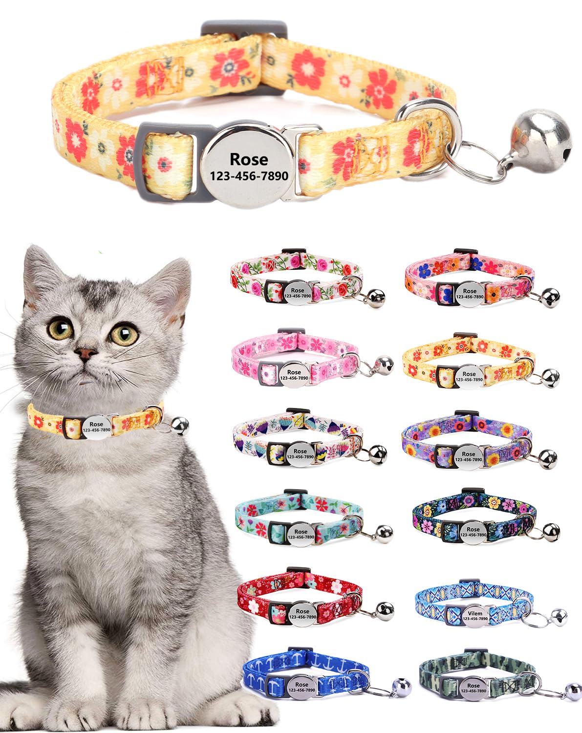 Moonpet Custom Personalized Breakaway Kitten Cat Collar with ID Name Phone Number Tag Plate/Customized Engraved Floral Pattern Boy Girl Cat Kitten Collar with Bell