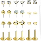 Lsnevsie 14K Gold Filled 20G 18G 16G Threadless Flat Back Earrings Studs Surgical Stainless Steel Clear CZ Push In Nose Rings Studs Tragus Helix Conch Cartilage Earrings Piercing Jewelry For Women Men
