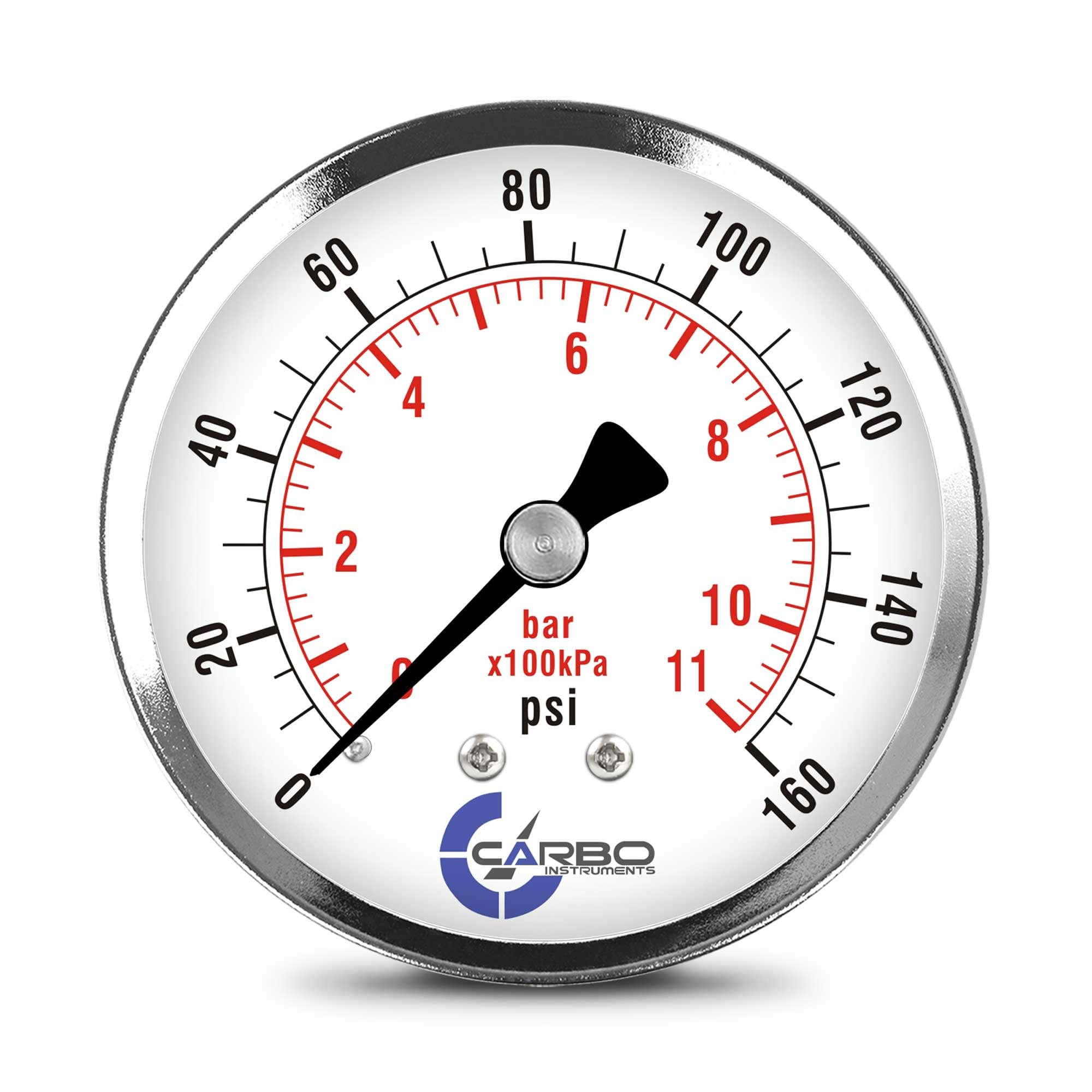 CARBO Instruments 2-1/2" Pressure Gauge, Chrome Plated Steel Case, Dry, 0-160 psi/kPa, Back Mount 1/4" NPT