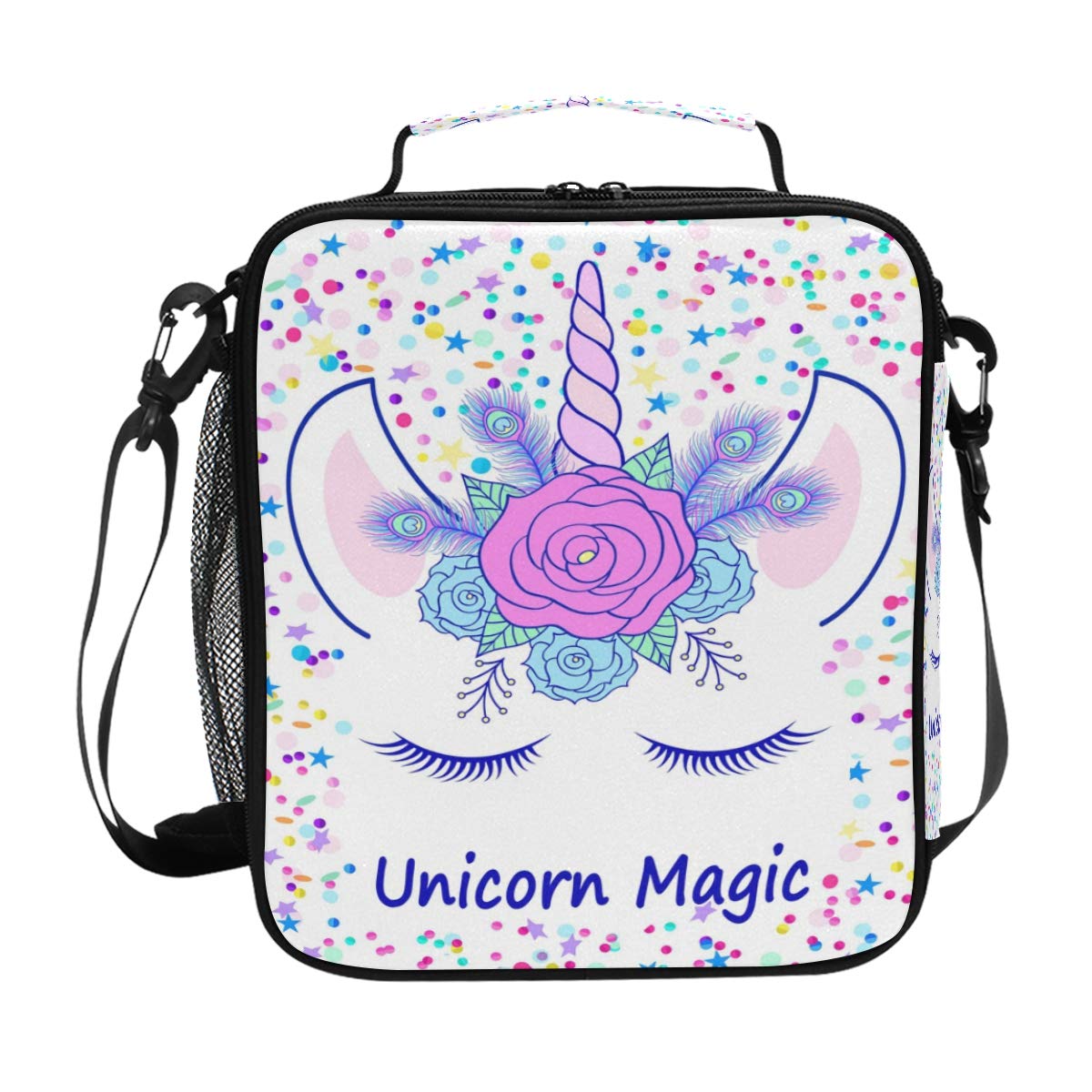 FFY Go Girls Unicorn Lunch Bags Pink Cream Unicorn Magic Star Large Insulated Lunch Box Tote Bag Cold Thermal Freezable Shoulder Strap for Kids Teen School Work