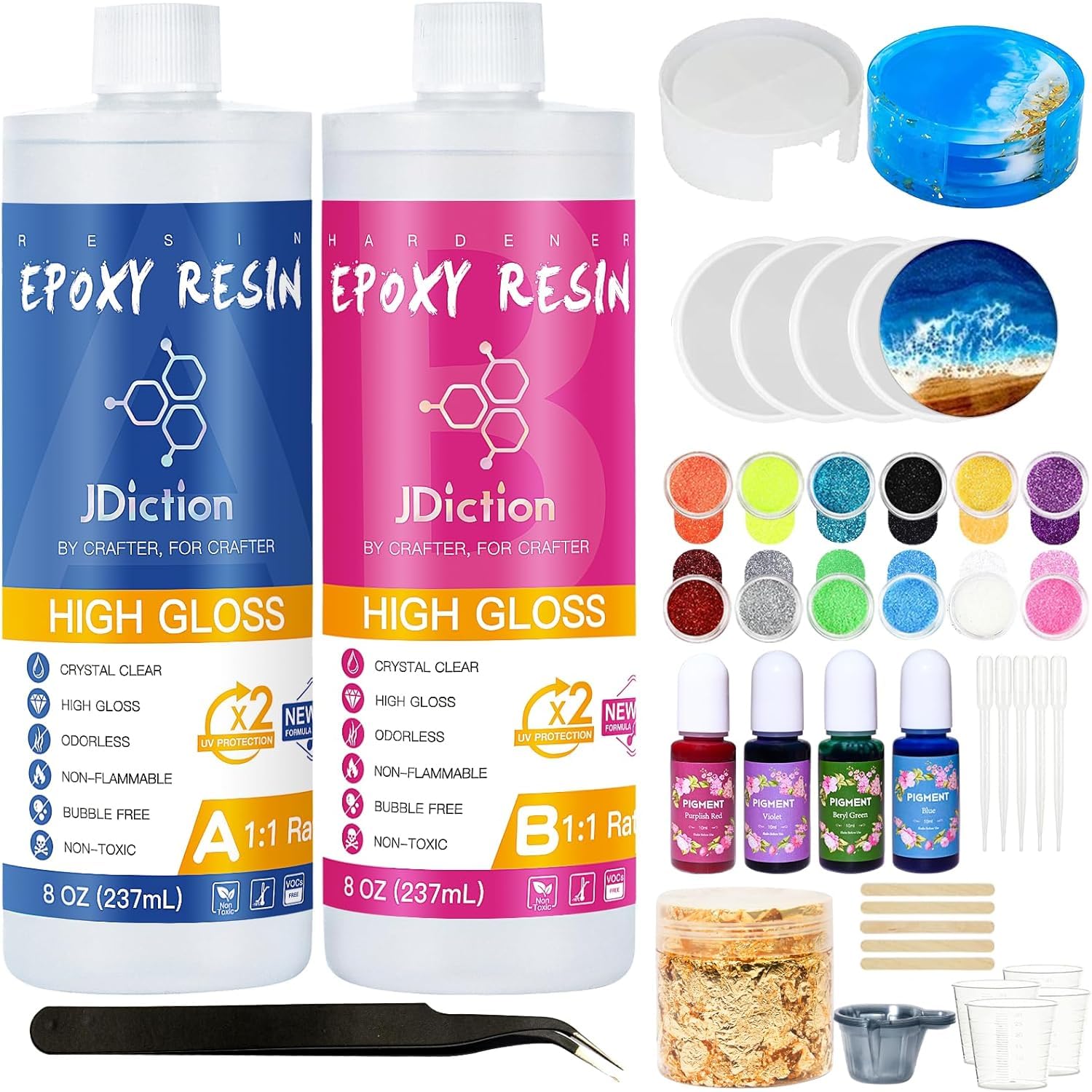 JDiction Epoxy Resin Coaster Kit - 16oz/ 474ml Crystal Clear Epoxy Resin Kit with Coaster Molds and Holder, Resin Pigment, Resin Glitter, Gold Flakes, Epoxy Resin Starter Kit for Jewelry DIY Coasters