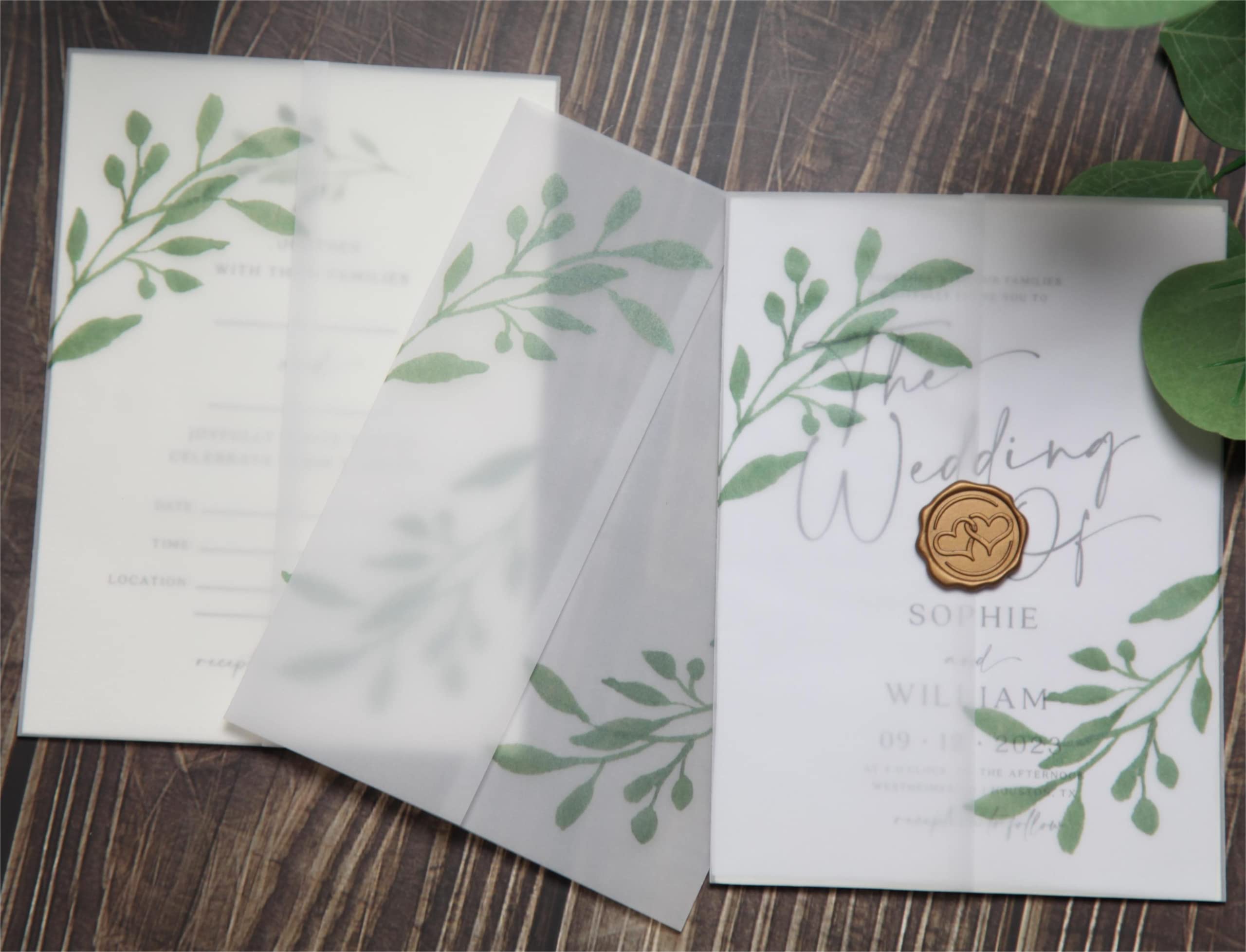 Puremigo 50 Pack Eucalyptus Greenery Printed Pre-Folded Vellum Jackets - 5x7, 105GSM Vellum Paper, Wedding Invitations Wraps
