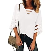 luvamia Women Casual Strappy V Neck Blouse 3/4 Bell Sleeve Mesh Panel Shirts Top