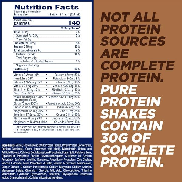 PURE PROTEIN CHOCOLATE PROTEIN SHAKE | 30G COMPLETE PROTEIN | READY TO DRINK AND KETO-FRIENDLY | VITAMINS A, C, D, AND E PLUS ZINC TO SUPPORT IMMUNE HEALTH | 11 FL OZ (PACK OF 4)