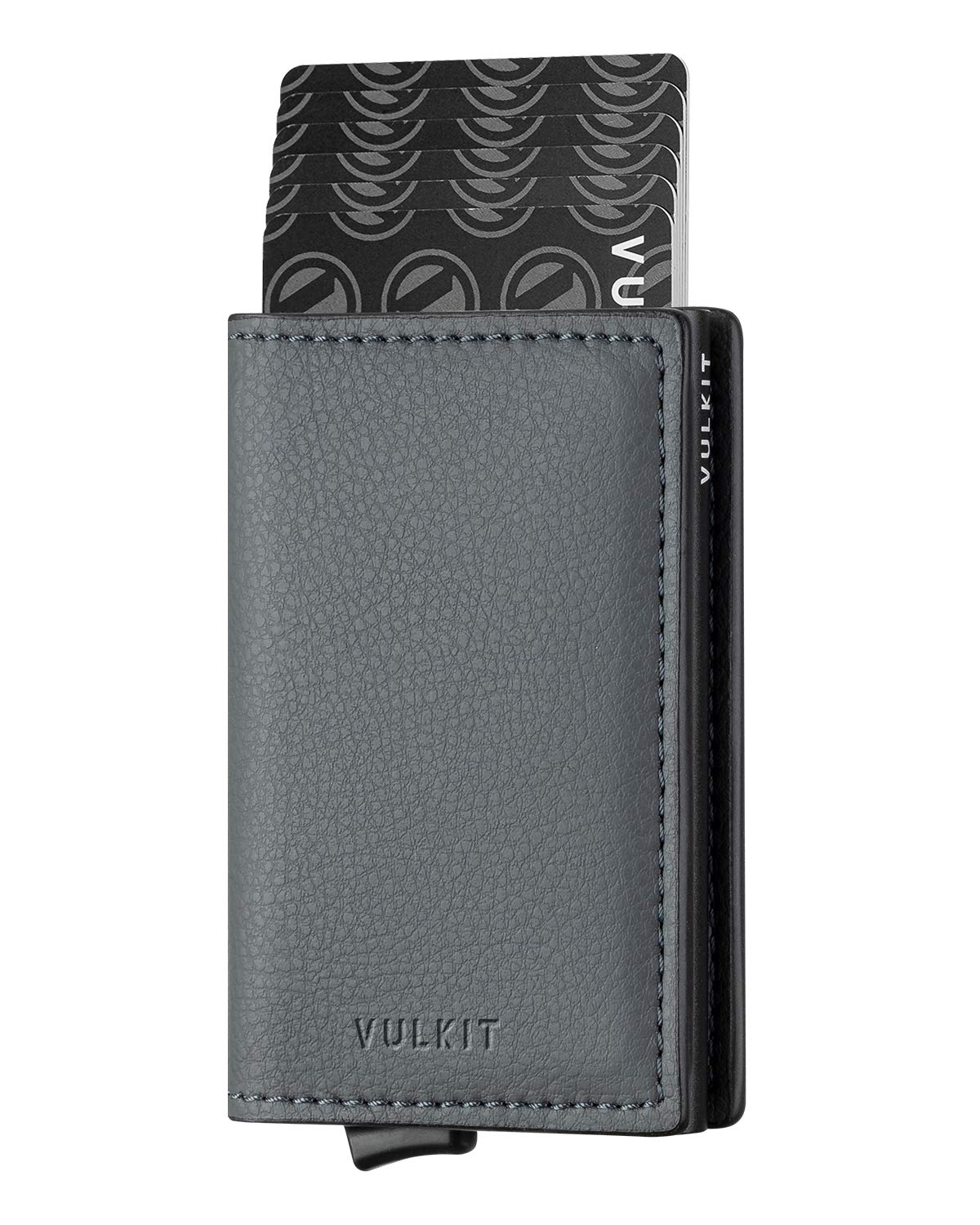 VULKIT Credit Card Holder for Men Leather Card Wallet RFID Blocking Pop Up Metal Bank Card Case with 3 Slots for Cards & Notes, Irongrey