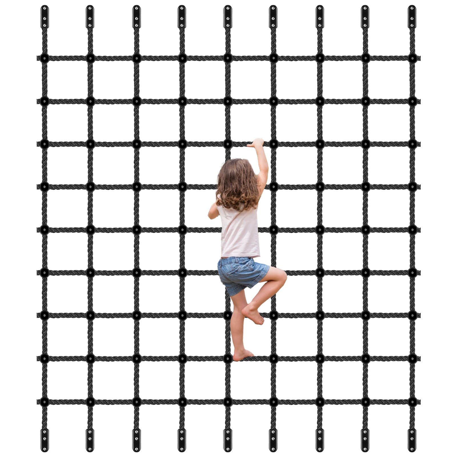 BeneLabel Climbing Cargo Net, 200 x 200cm Climbing Frame Net Kids Webbing Net Rope Ladder Playground Safety Netting with Hardware for Outdoor Playset/Swing Set/Treehouse Obstacle Course Training,Black