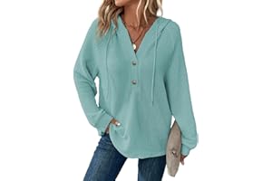 Dokotoo Hoodies for Women Waffle Knit Long Sleeve Drawstring Button V Neck Casual Pullover Sweatshirt Hooded Tops