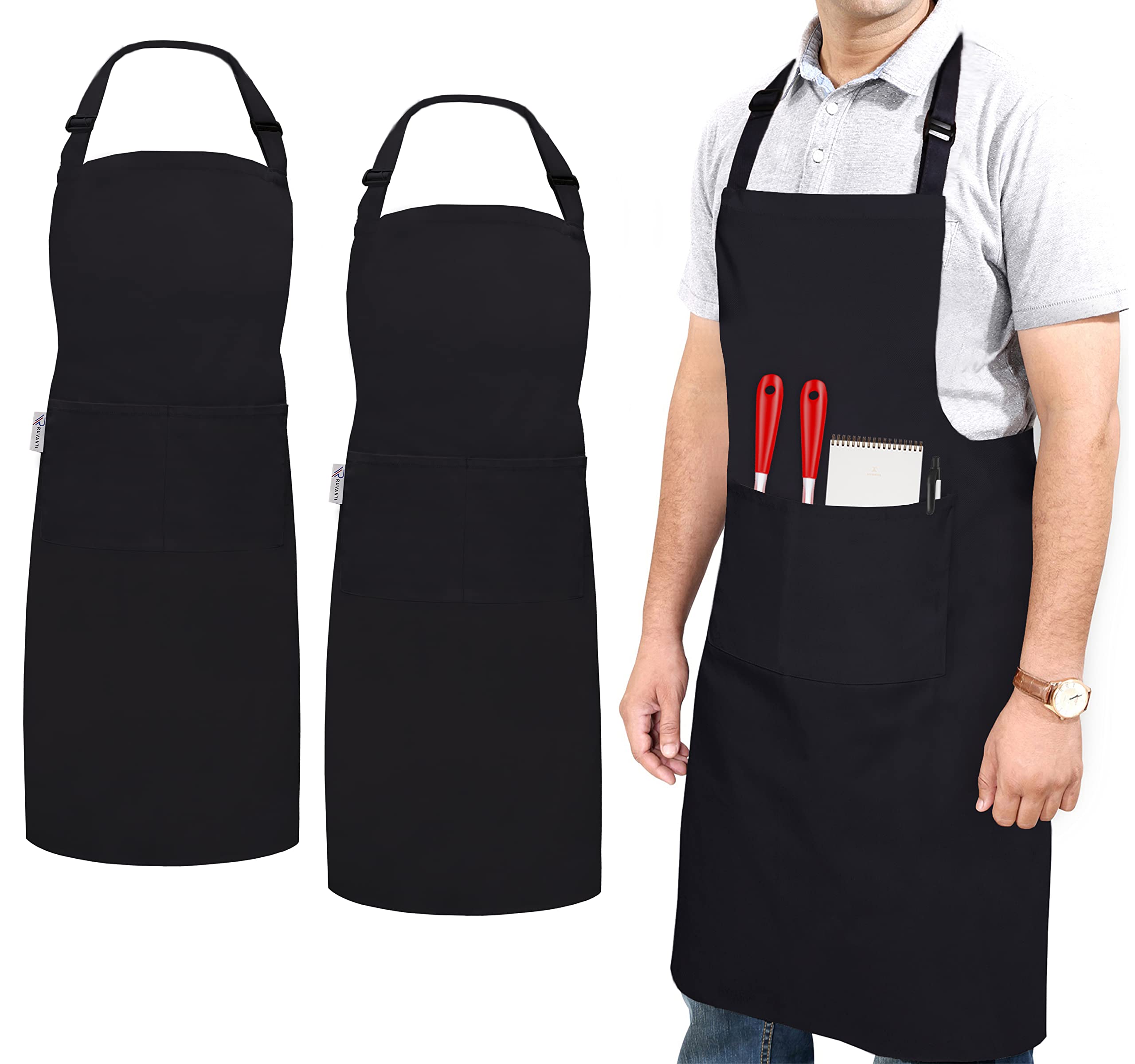 Ruvanti Professional Grade Black Aprons for Men/Women Adjustable Neck Strap, Size M to XXL (34"x28") Comfortable & Cotton Enrich BBQ/Chef Apron/Barber Apron/Canvas Apron with 2 Pockets. (2 Pack)