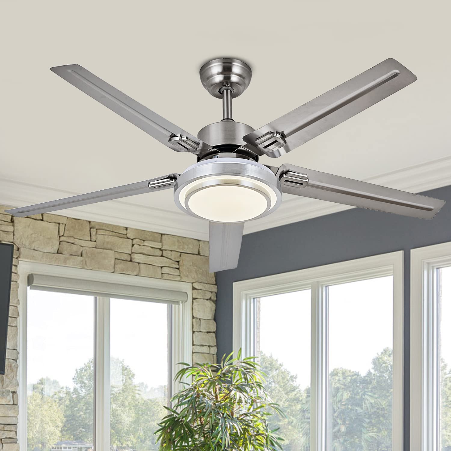 Photo 1 of OBCGT Ceiling Fan with Lights Remote Control, Modern Minimalist,6 Speeds 3 Color Dimmable Light, Brushed Nickel 52 Inch Stainless Steel 5 Blades for Kitchen Garage Dining Room?Silver?