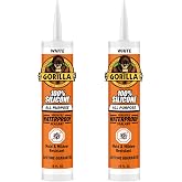 Gorilla 100% Silicone Sealant Caulk, White, 10 oz Cartridge, 2-Pack | All Purpose, Long-Lasting Waterproof Seal, Fast Curing in 30 Minutes, Resists Mold and Mildew, Flexible and Durable