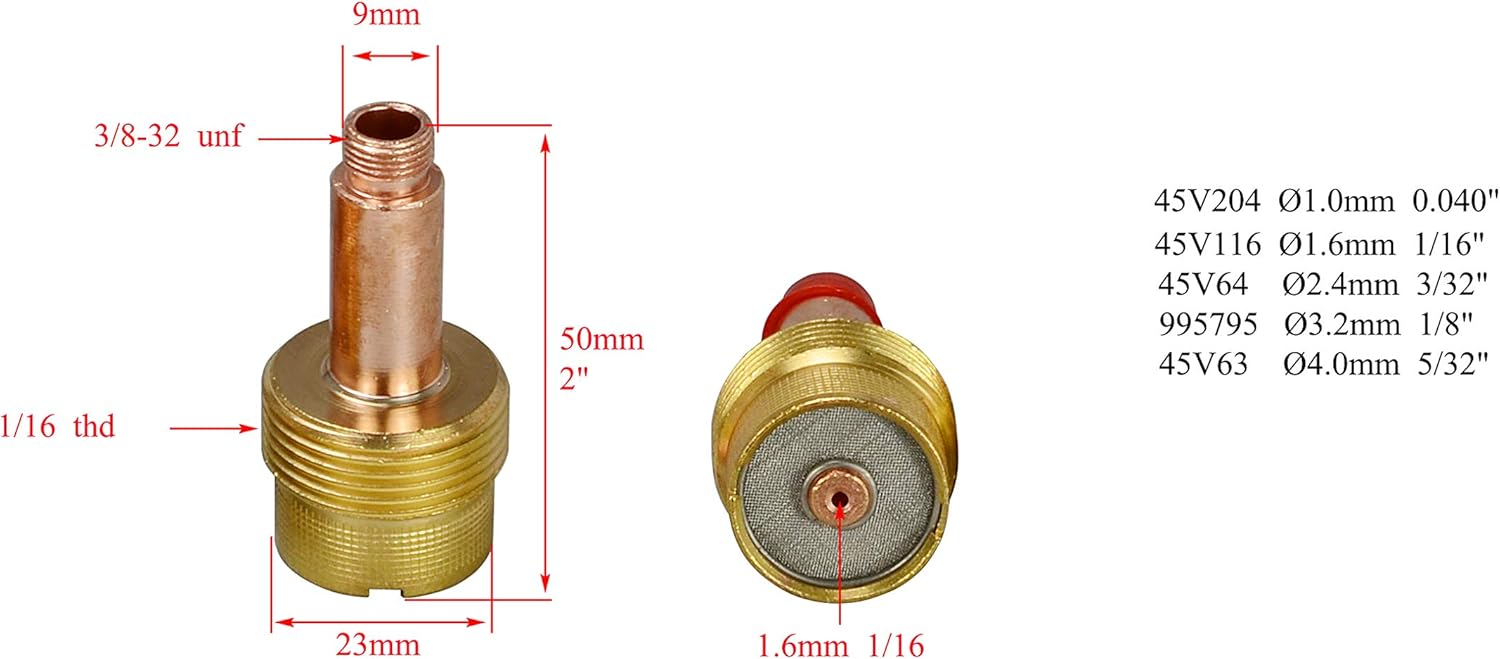 TIG Large Diameter Gas Lens Collet Kit 45V116 (1/16") 45V64 (3/32") 995795 (1/8") Ceramic Cup 57N75 6# 3/8" 57N74 8# 1/2" 53N88#10 5/8" 53N87#12 3/4" For WP 17 18 26 TIG Welding Torch 14pcs - - 