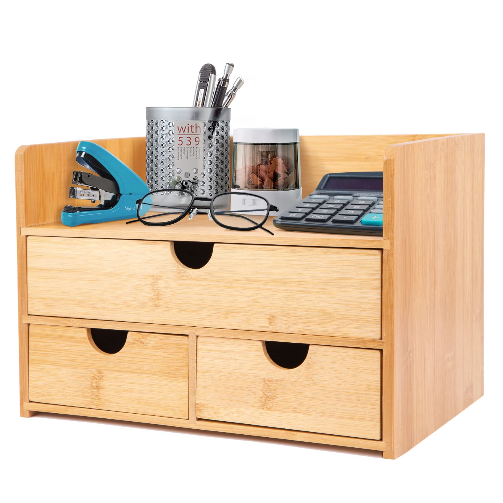 Photo 1 of Bamboo Desk Organizer With Drawers - Desktop Storage for Bathroom Counter, Kitchen Countertop, Tabletop - Mini Small Drawer Organizer